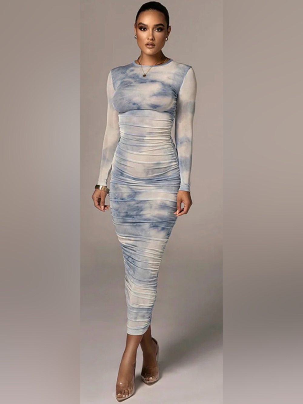 Tie-Dye Blue & White Long Sleeve Bodycon Dress